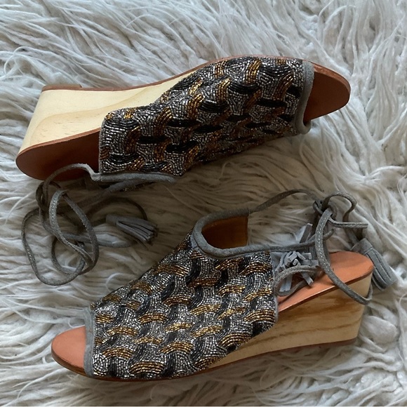 Anthropologie Gray Beaded Suede Tassels Wrap Open Toe Wedge Sandals EUC Size 37 - Picture 5 of 12